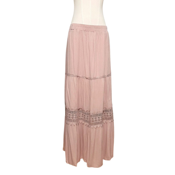 Merokeety NWT Pink Lace Cutout Elastic Waist Boho Peasant Maxi Skirt XL Lined - Picture 1 of 5